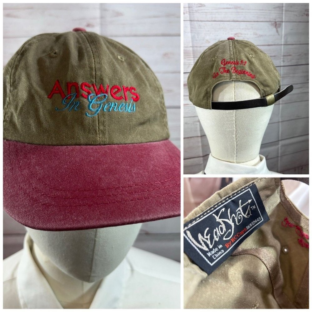 Answers in Genesis Tan burgundy Ball Cap HeadShots By KC Caps Hat 1 size Adult